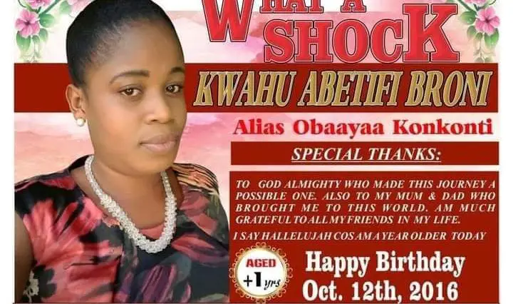 Kwahu Abetifi Broni Uses Funeral Poster To Celebrate Her Birthday