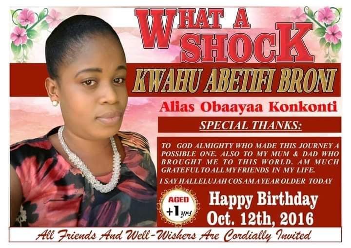 Kwahu Abetifi Broni Uses Funeral Poster To Celebrate Her Birthday