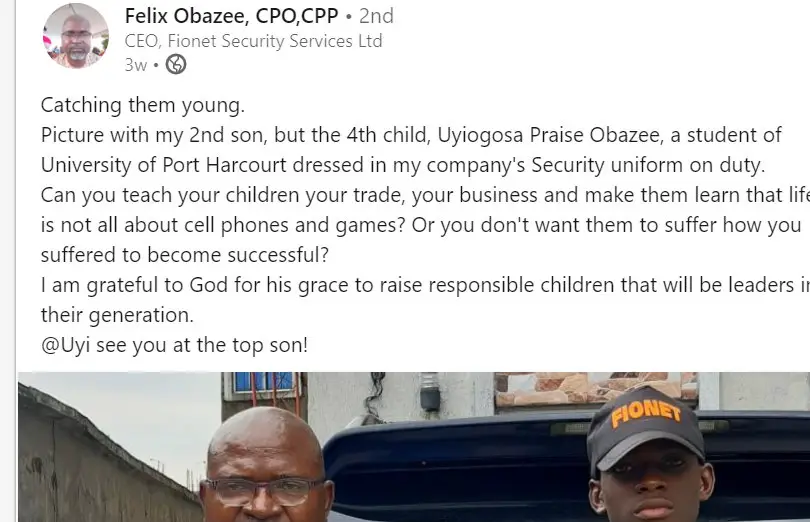 Felix Obazee Employs His Son As Security Man in His Company