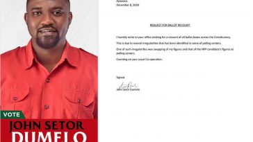 John Dumelo writes to EC seeking recount of ballot