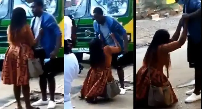 Lady goes on her knees and cries uncontrollably while begging her man after he reportedly dumped her (Video)