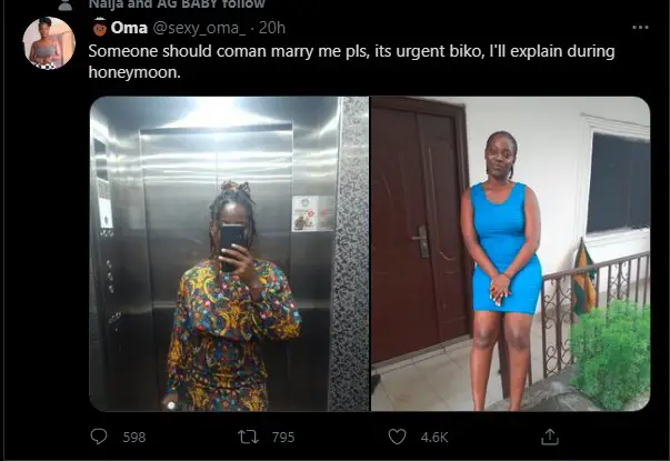 “Please marry me; it’s urgent” – Lady begs men online; promises to explain during honeymoon