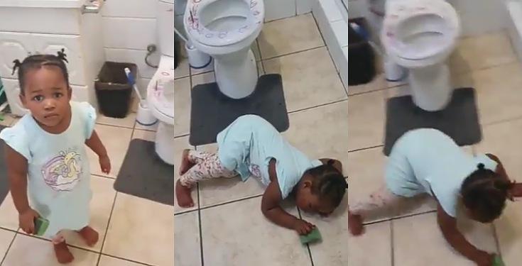 Little girl fakes having convulsion, falls to the ground after her mother caught her messing up the bathroom (Video)