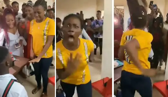 Confusion as lady allegedly runs mad while trying to accept proposal ring from boyfriend (Video)