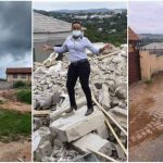 Lady whose boyfriend demolished the house he built for her after dumping him poses on the debris