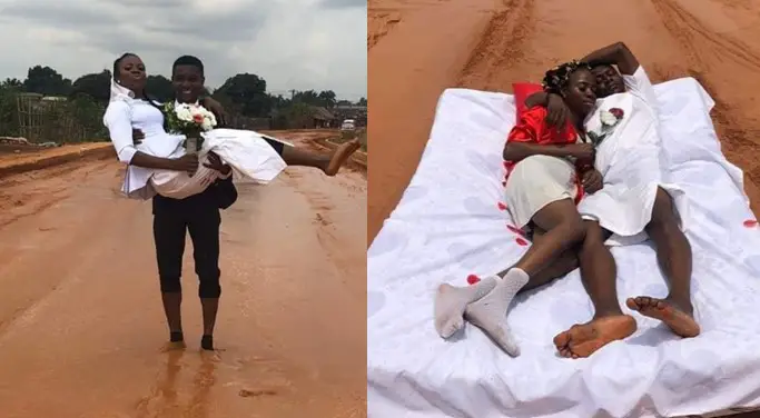 Newly wedded couple celebrate honeymoon on terrible road