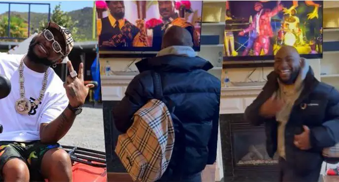 Watch Davido’s priceless reaction as he sees himself in Coming to America 2 (Video)