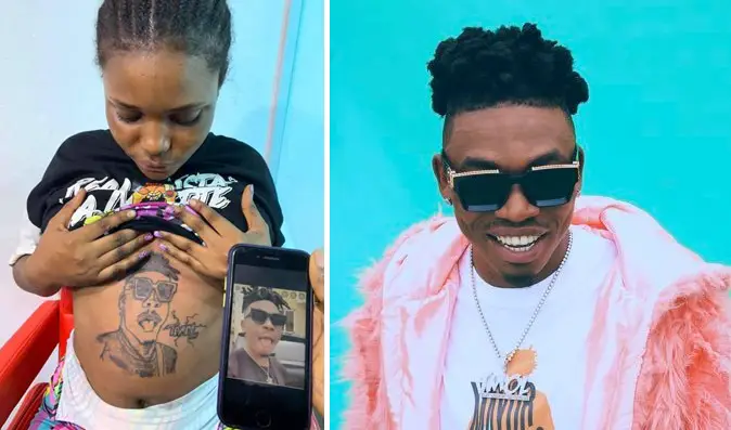 Pregnant lady tattoos Mayorkun’s face on her baby bump