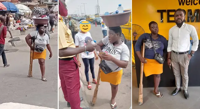 Kindhearted man helps one-legged lady who was spotted hawking water energetically