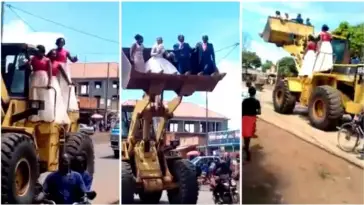 Drama as a newlywed couple and their bridesmaids are ferried in a loader [video]