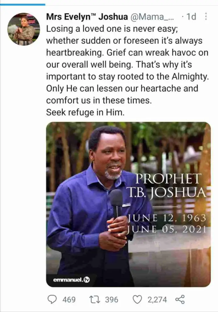 Prophet TB Joshuas wife finally speaks on her husbands death1 scaled