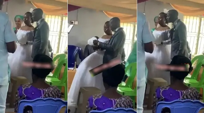 Bride maintains a frown and refuses to kiss her groom as they tie the knot in Ibadan (Video)