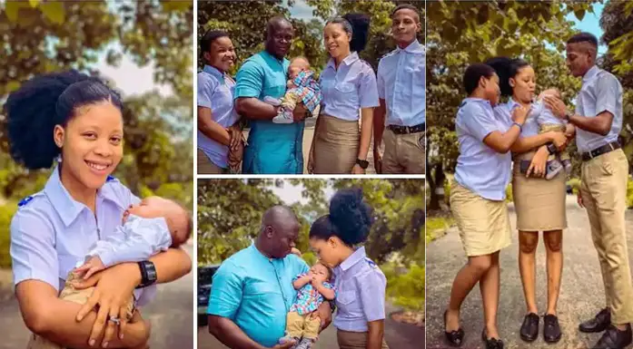 Young student and her husband storm school to celebrate with course mates after welcoming a baby boy (Photos)