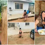 Beautiful Oyinbo Lady Spotted on Wrapper as She Sweeps the Compound of Her Nigerian Husband, Many React