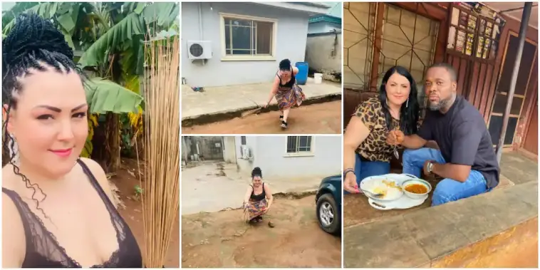 Beautiful Oyinbo Lady Spotted on Wrapper as She Sweeps the Compound of Her Nigerian Husband, Many React