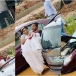 Groom seen carrying his bride as their car breaks down on a muddy road while heading to church (Video)
