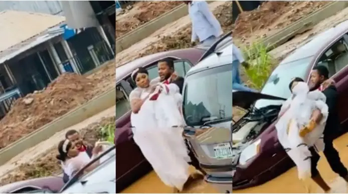 Groom seen carrying his bride as their car breaks down on a muddy road while heading to church (Video)
