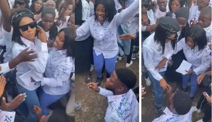 Graduating student proposes to girlfriend at their signing out, she throws away the ring (Video)