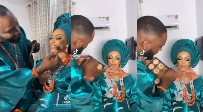 Heartwarming video of groom doing his bride’s makeup on their wedding day (Watch)