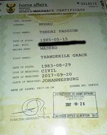 marriage certificate tendai ndoro