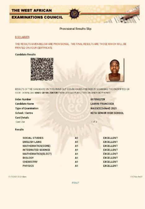 Francisca Lamini WASSCE Results