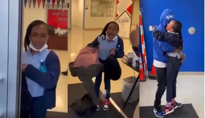 Man who was wrongly imprisoned when his daughter was a baby surprises her at school moments after regaining his freedom