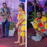 Drama as lady in matching outfit with boyfriend rejects his marriage proposal during church service