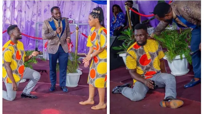 Drama as lady in matching outfit with boyfriend rejects his marriage proposal during church service