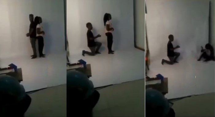Lady instantly falls down in shock as her man surprises her by proposing during photoshoot (Video)