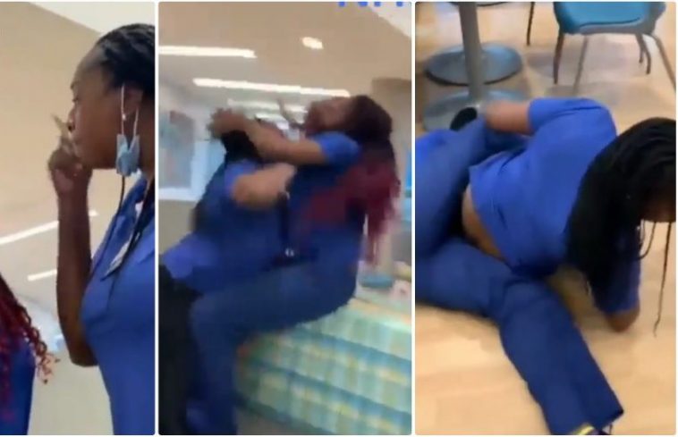 Drama ensues as two female nurses exchange heavy kicks and blows in hospital canteen [Watch]