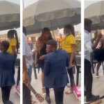 Lady gives hot slaps to man who proposed to her, smashes cake gift on his head (Video)