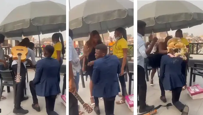 Lady gives hot slaps to man who proposed to her, smashes cake gift on his head (Video)