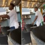 What are you doing here? – Man confronts girlfriend after seeing her with another guy at a bar (Video)