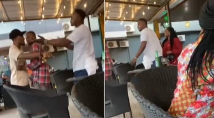 What are you doing here? – Man confronts girlfriend after seeing her with another guy at a bar (Video)