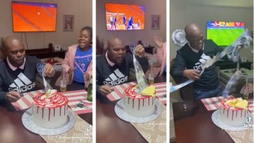 Man who was unexcited about his birthday cake screams after seeing money inside (Video)