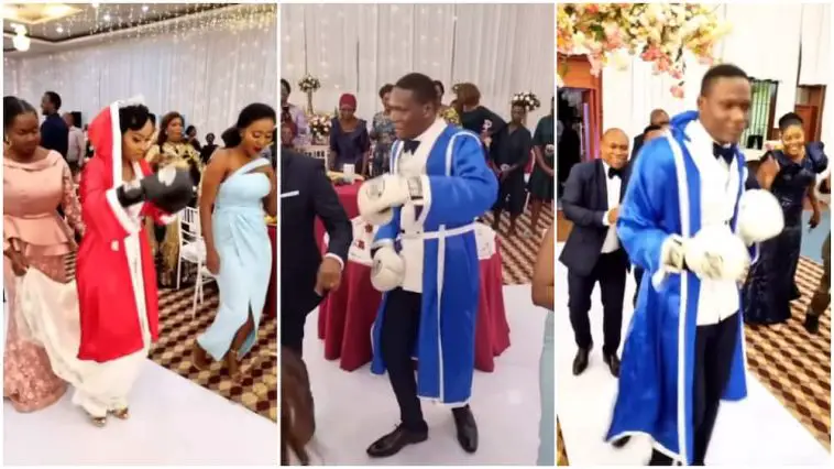 Reactions as Couple Show Up For Their Wedding Reception in Robes, Boxing Gloves