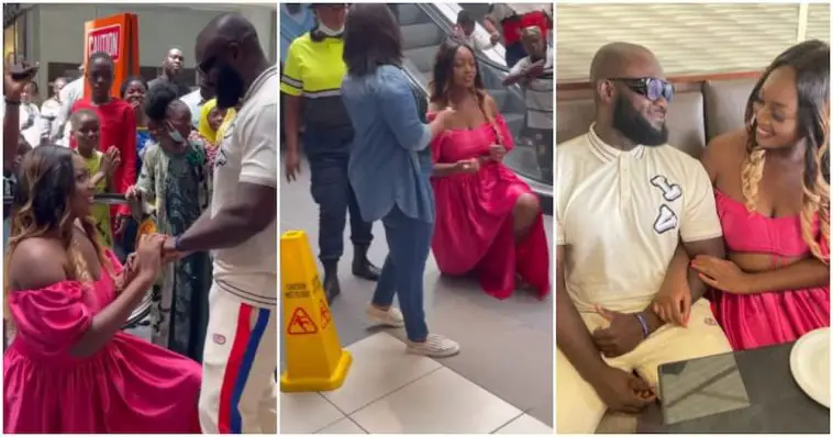 Woman goes down on her knees in mall and proposes to boyfriend