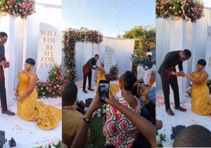 Reactions as lady goes on her knees as fiance proposes to her (Video)