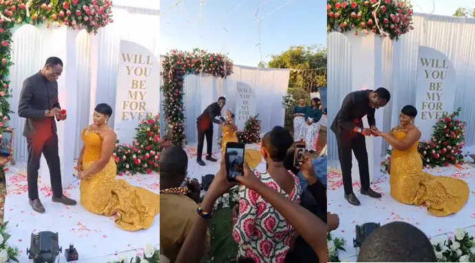 Reactions as lady goes on her knees as fiance proposes to her (Video)