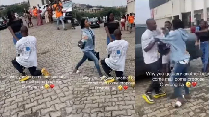 Chaos as lady nabs her man proposing to another lady at mall (Watch video)