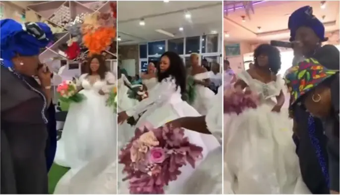 Single ladies searching for husbands attend church service in wedding gowns